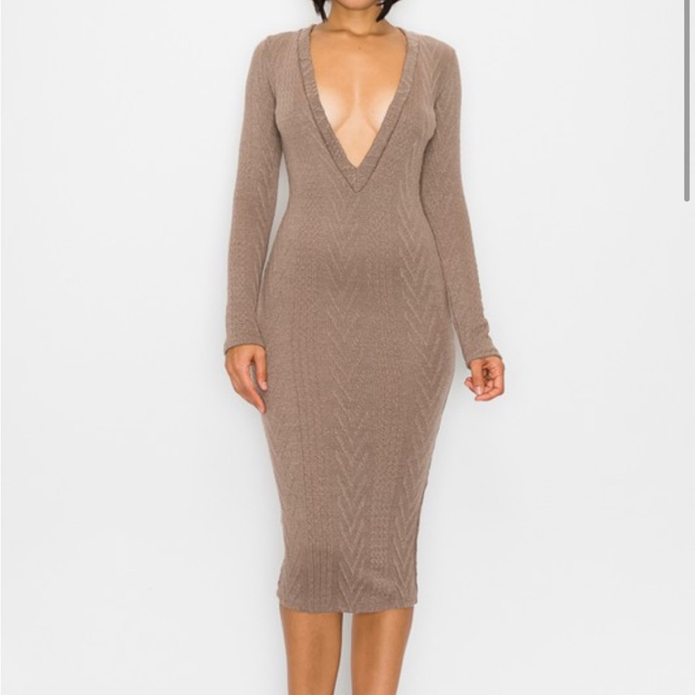 NEW Long Sleeve Deep V Neck Knit Sweater Dress